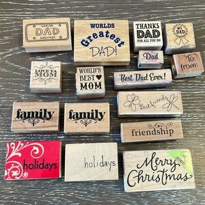 Wooden rubber stamps collection with case 23 stamps Dad, Mom, Merry Christmas